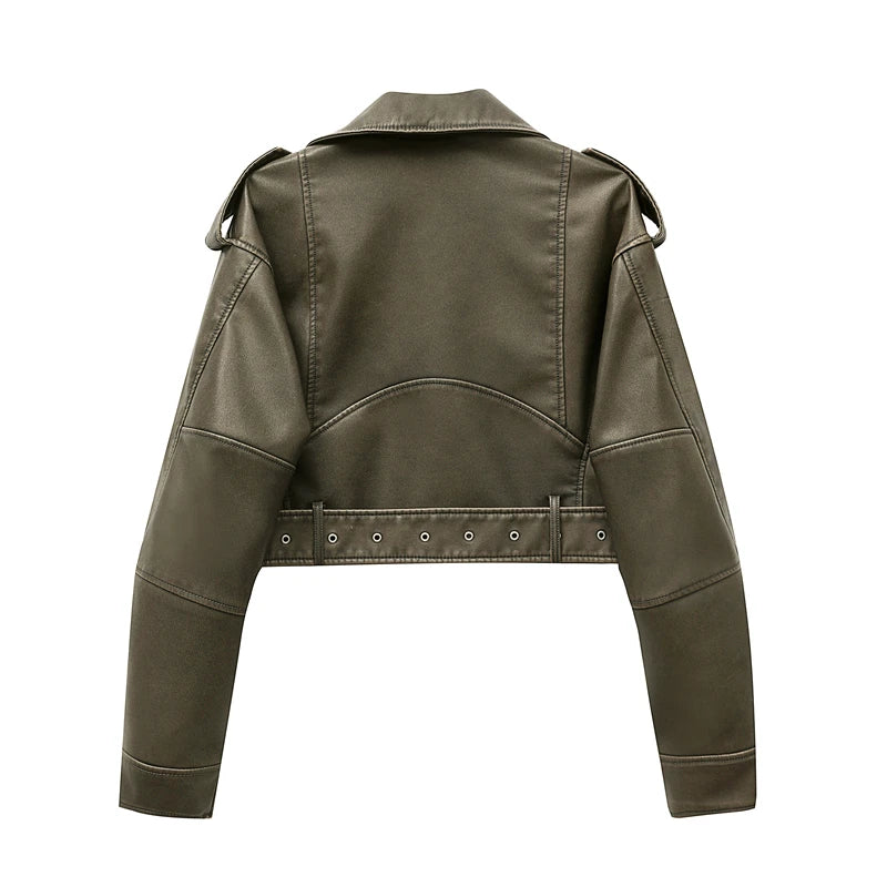 Army greeNew Coal graysty le Women's washed leather jacket with belt, short coat with downgraded zipper and vintage lapel jacket