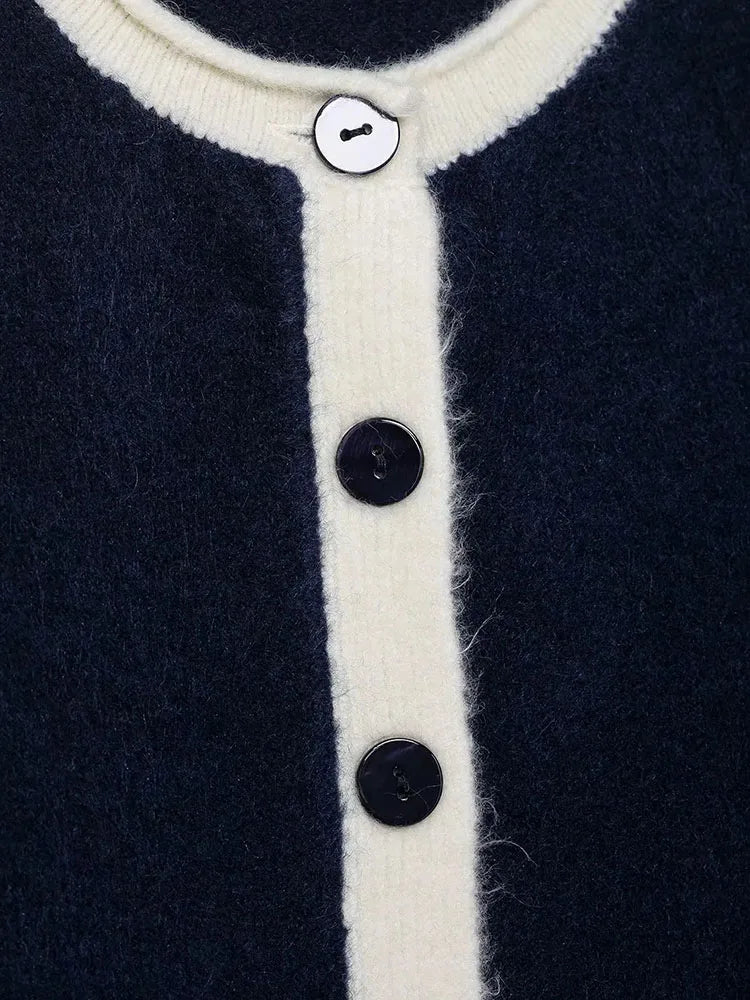 Women 2025 Winter New Knit Cardigan Contrast Trim Crew Neck Long Sleeve Button Sweater Casual Streetwear Knitted Sweatshirt Top