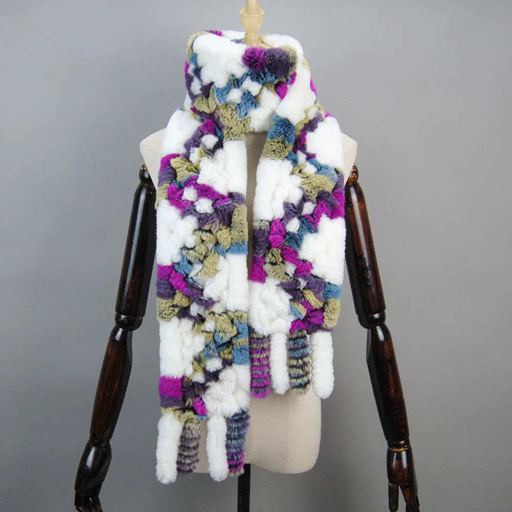 2025 Long Style Women Winter Real Rex Rabbit Fur Scarf Natural Rex Rabbit Fur Scarves Lady Knitted Rex Rabbit Fur Ring Scarves