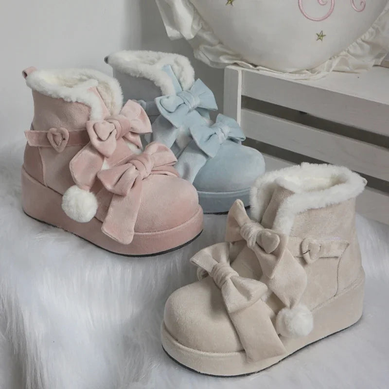 Thick-soled Snow Boots Women Winter Velvet Kawaii Pink Shoes Lolita Sweet Cute Bow Boot Women