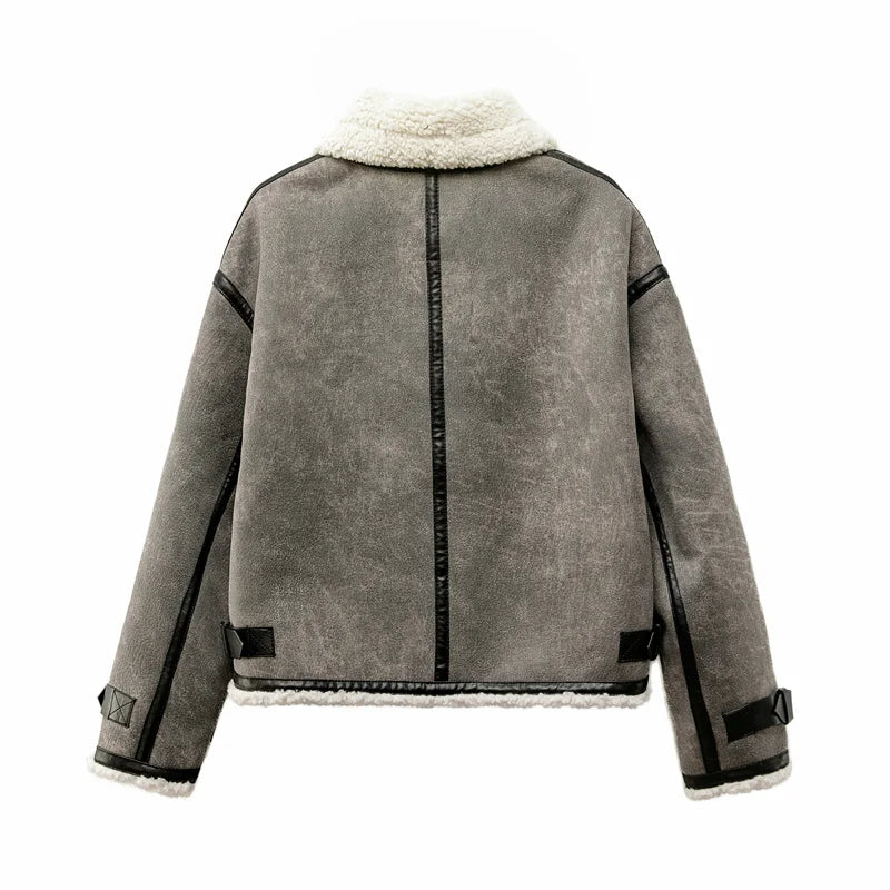2025 Winter trip strap with fur all-in-one fleece double lapel long sleeve warm windproof grey coat for women