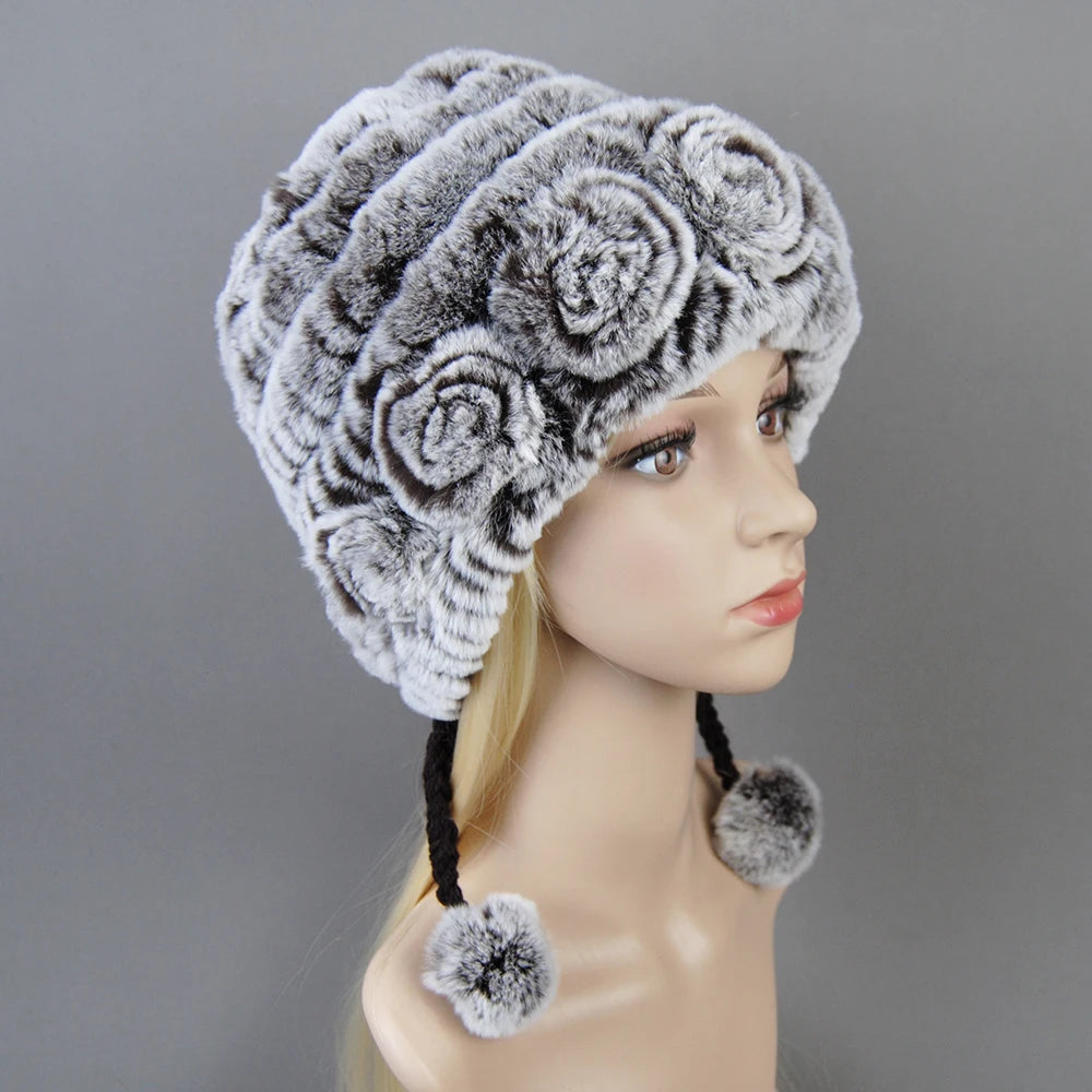 Hot Sale Women Warm Rex Rabbit Fur Hat Scarf Sets Winter Lady Knit Fur Hats Muffler 2 Pieces Natural Rex Rabbit Fur Cap Scarves