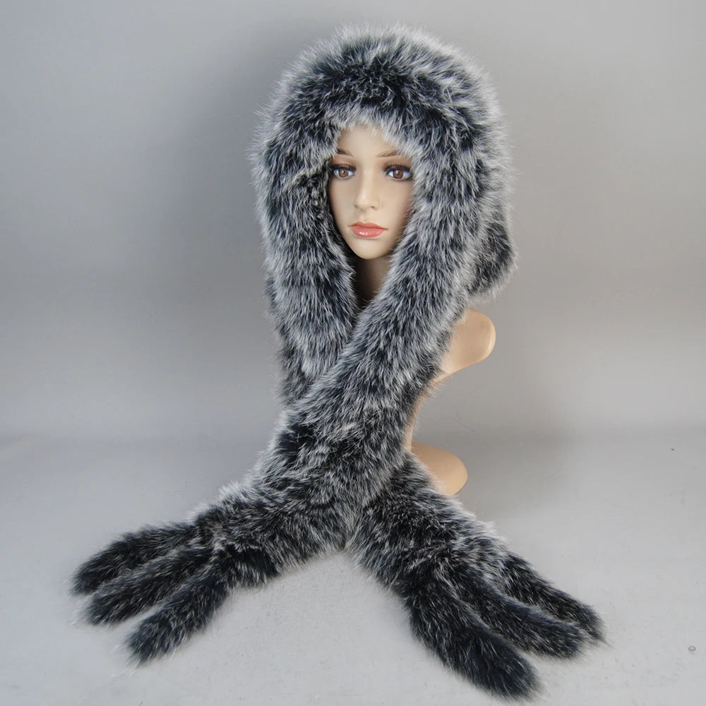 Luxury Knit Genuine Fur Caps Muffler Winter Thick Women 100% Natural Fox Fur Hat Scarves Lady Warm Fluffy Real Fox Fur Hat Scarf