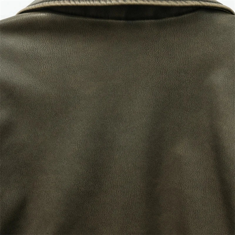 2025 Vintage Loose Pu Faux Leather Short Jacket with Belt Streetwear Female Zipper Retro Moto Biker Coat Outwear Tops