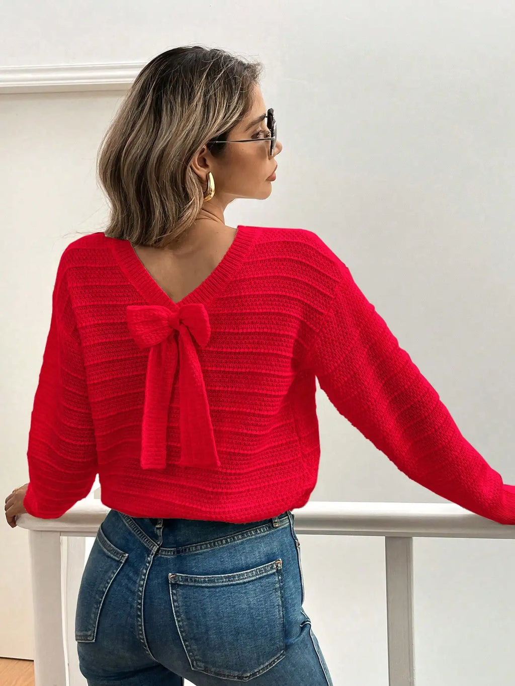 Ladies' casual elegant bow decoration shoulder sweater