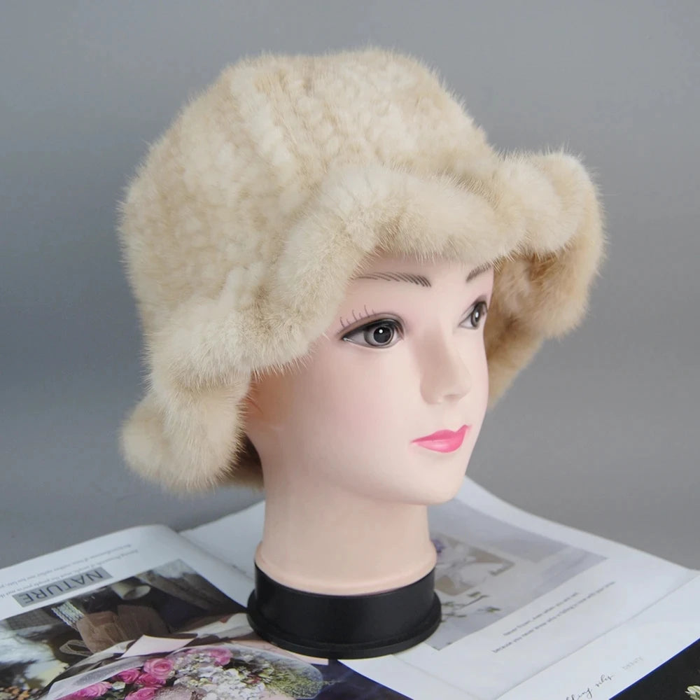 Women's Hat 2025 New Winter Real Mink Fur Hat Casual Luxury Flower Knitted Bucket Hat Pots Cap Lady Natural Mink Fur Cap Beanies