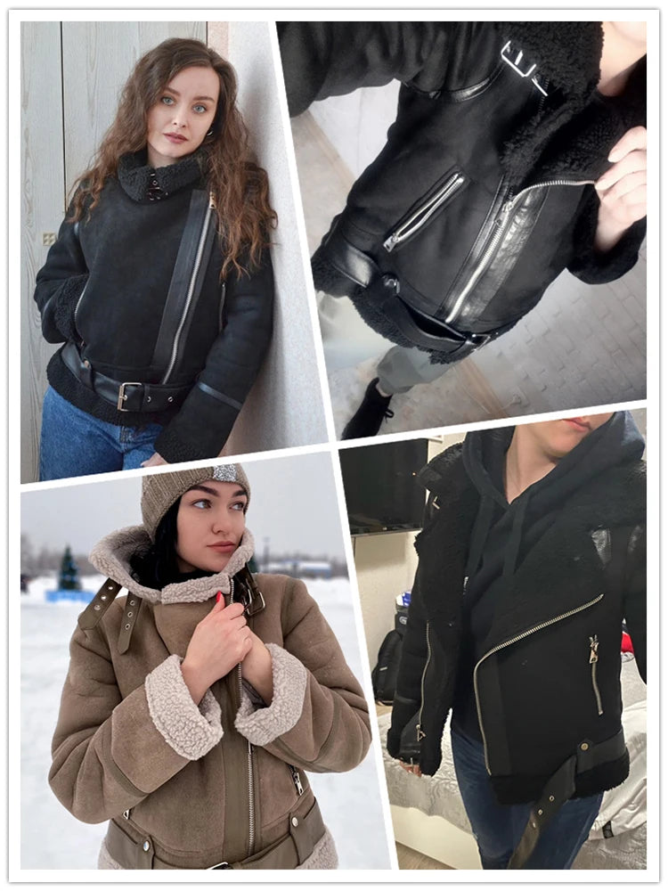 2025 Winter Women Thick Warm Suede Lamb Jacket Short Motorcycle Brown Coats Faux Shearling Sheepskin Leather Jackets Outwear