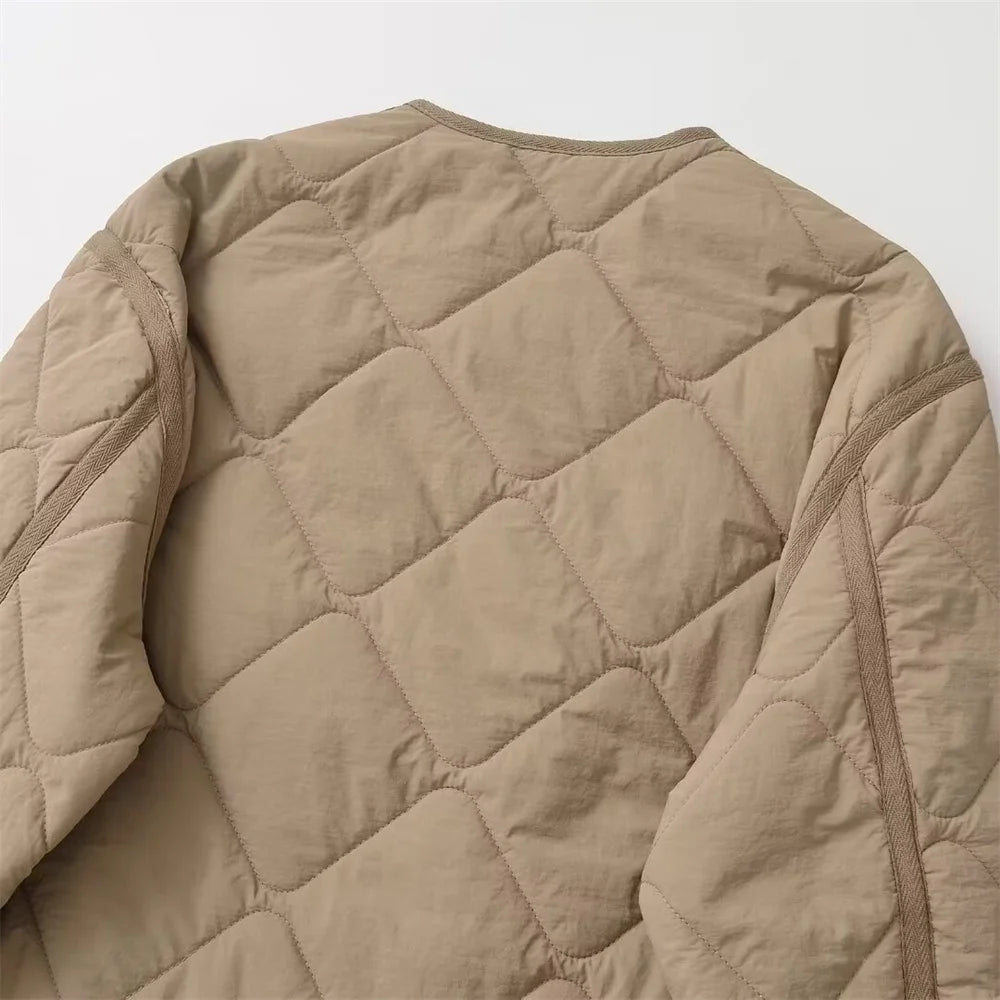 Autumn/Winter New Product Fashion Casual Women's Round Neck Long Sleeve Single breasted Cotton Jacket