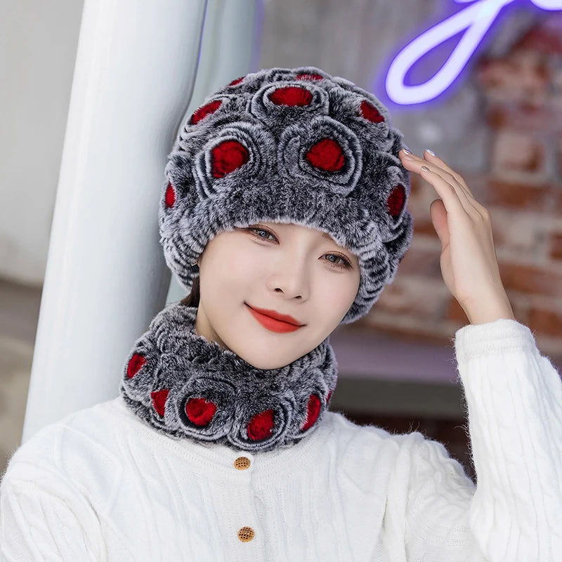Winter Knitted 100% Natural Fur Hats Scarves Sets Women Warm Real Rex Rabbit Fur Hat Scarf Lady Fashiom Thick Rex Rabbit Fur Hat