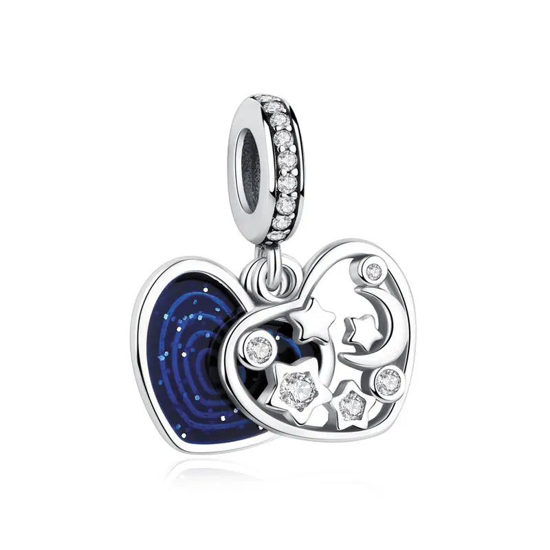 New Original 925 Sterling Silver Charms Star Moon Blue Crystal Glass Beads Fit Brand Bracelets Necklaces Jewelry For Women