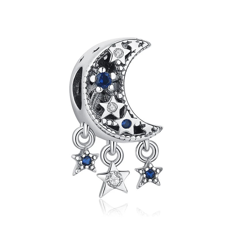 New Original 925 Sterling Silver Charms Star Moon Blue Crystal Glass Beads Fit Brand Bracelets Necklaces Jewelry For Women