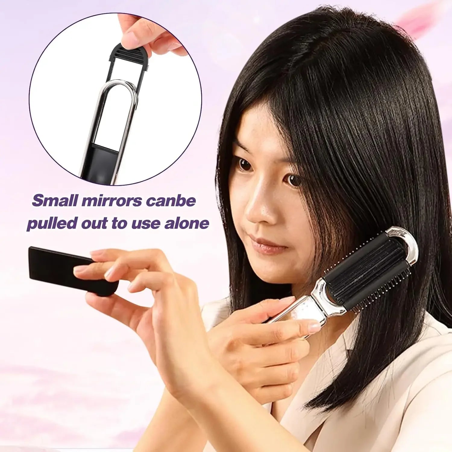 Foldable Comb with Detachable Makeup Mirror, 2-in-1 Function, Portable Air Cushion Massage Comb for Women.