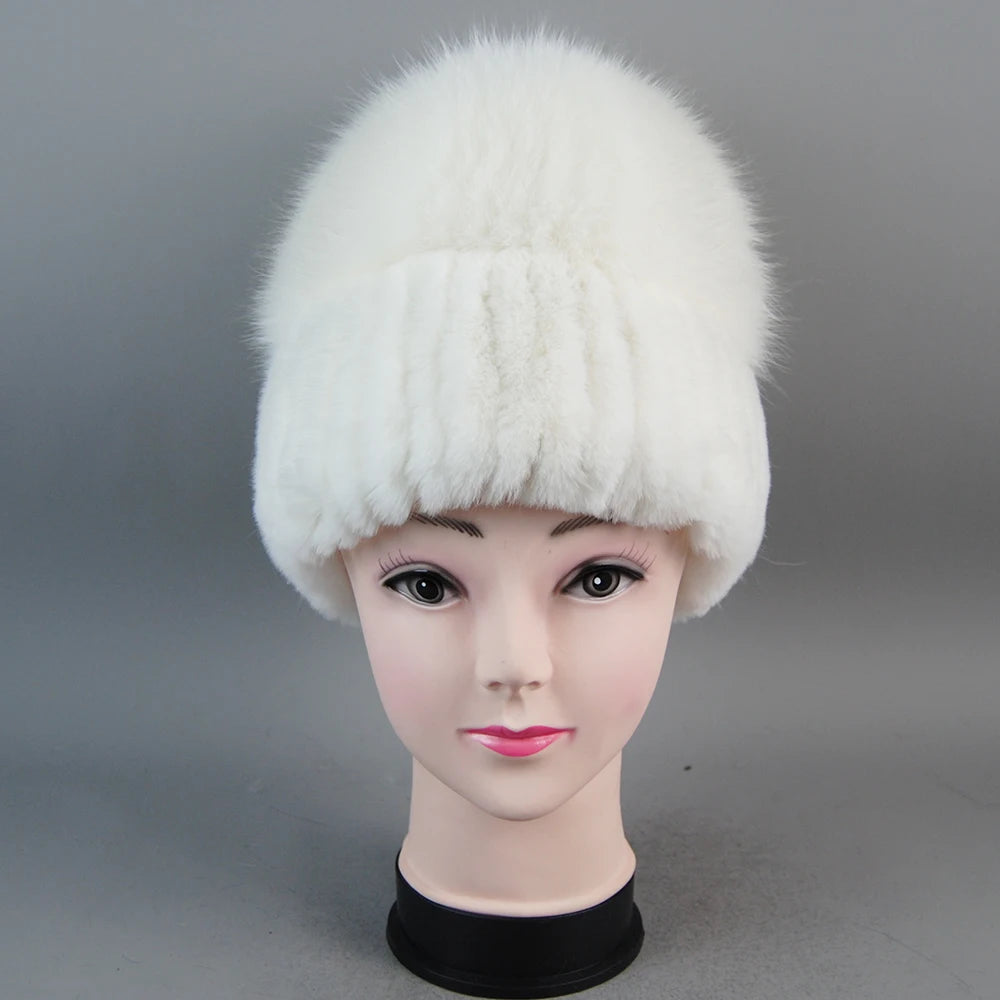Female's Hat Good Elastic Natural Fluffy Real Fox Fur Hat New Winter Women Knitted Real Rex Rabbit Fur Hats Lady Real Fur Cap
