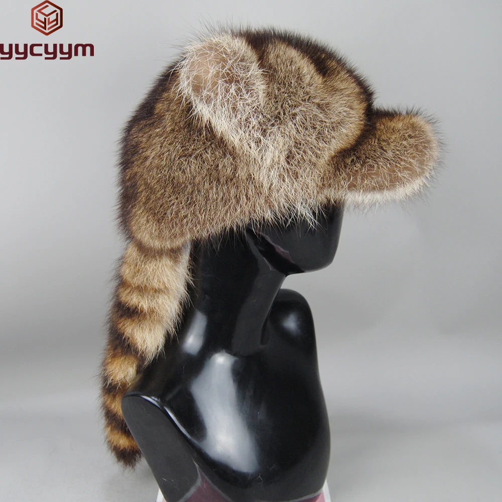 Hot Sale Lady Winter Warm Real Raccoon Fur Baseball Cap Brim Cute Ears Hat Women Girls Thick Fashion Warm Raccoon Fur Tail Hats