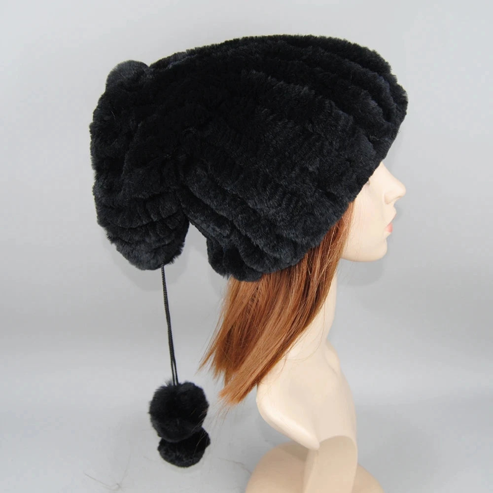 Winter Luxury Women Real Natural Rex Rabbit Fur Hats Fashion Lady Knitted Genuine Fur Caps Russian Outdoor Warm Fur Hats Beanies