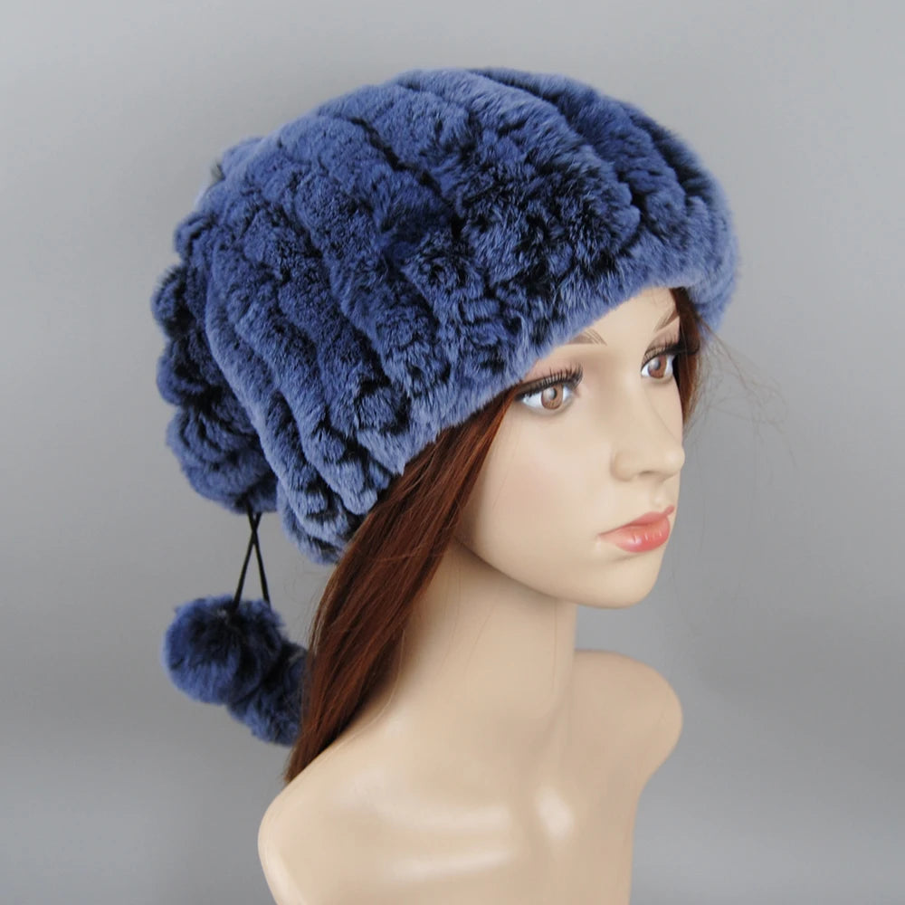 Winter Luxury Women Real Natural Rex Rabbit Fur Hats Fashion Lady Knitted Genuine Fur Caps Russian Outdoor Warm Fur Hats Beanies