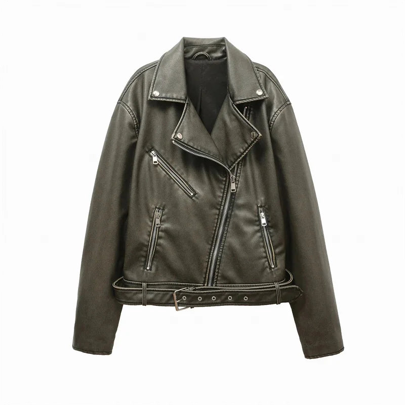 ladies 2025 new vintage do old washed leather imitation leather locomotive type PU jacket women's coat top