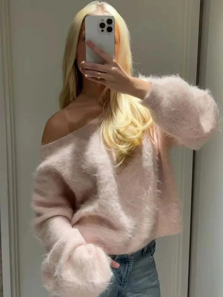Women's Fashionable Lazy Pink One Shoulder Sweater 2025 Autumn New Design Sense Knitted Sweater Loose Top Female Clothing