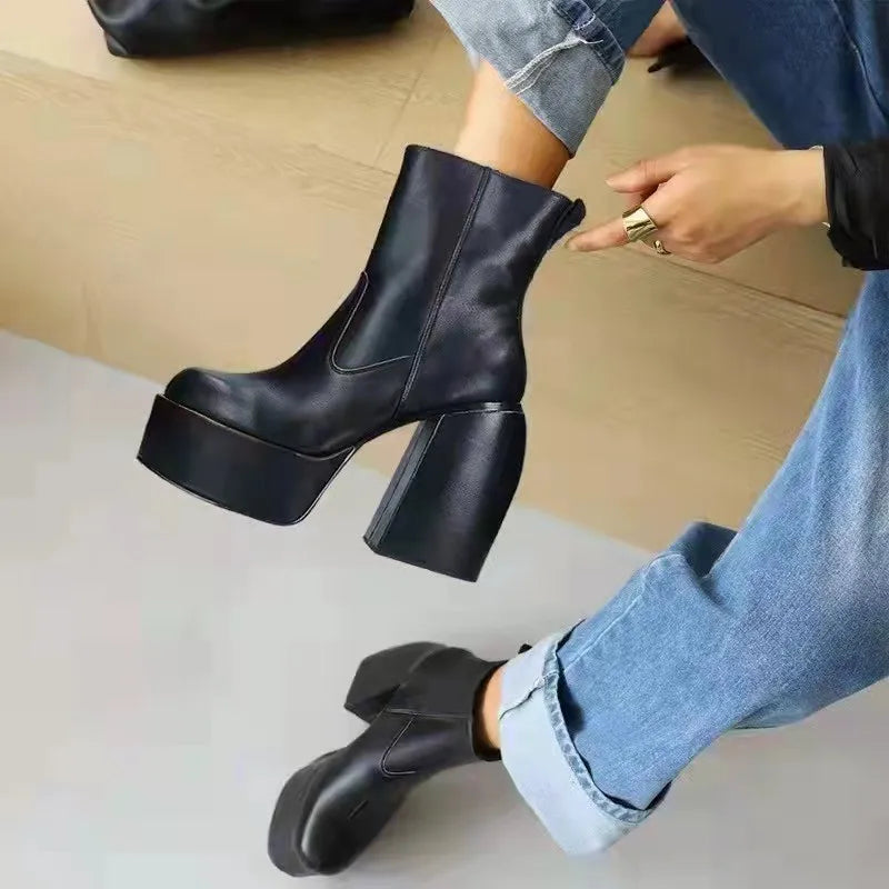 Comemore Women Punk Style Autumn Winter Chunky Platform High Boot Party Shoes Ladies Black Thick Heels Elastic Knee High Boots