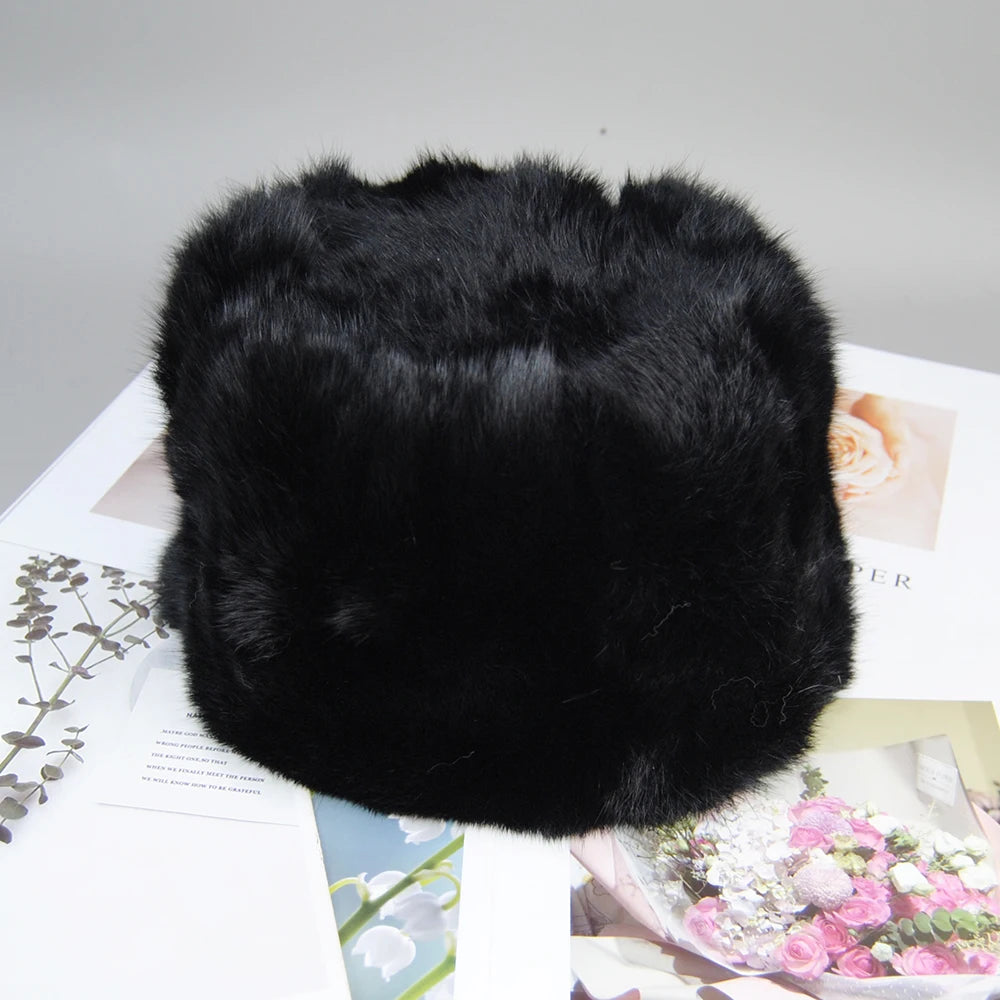 New Style Fashion Rabbit Fur Cap Unisex Winter Genuine 100% Fur Bomber Hat Windproof Warm Earmuff Flat Outdoor Warm Russian Hat