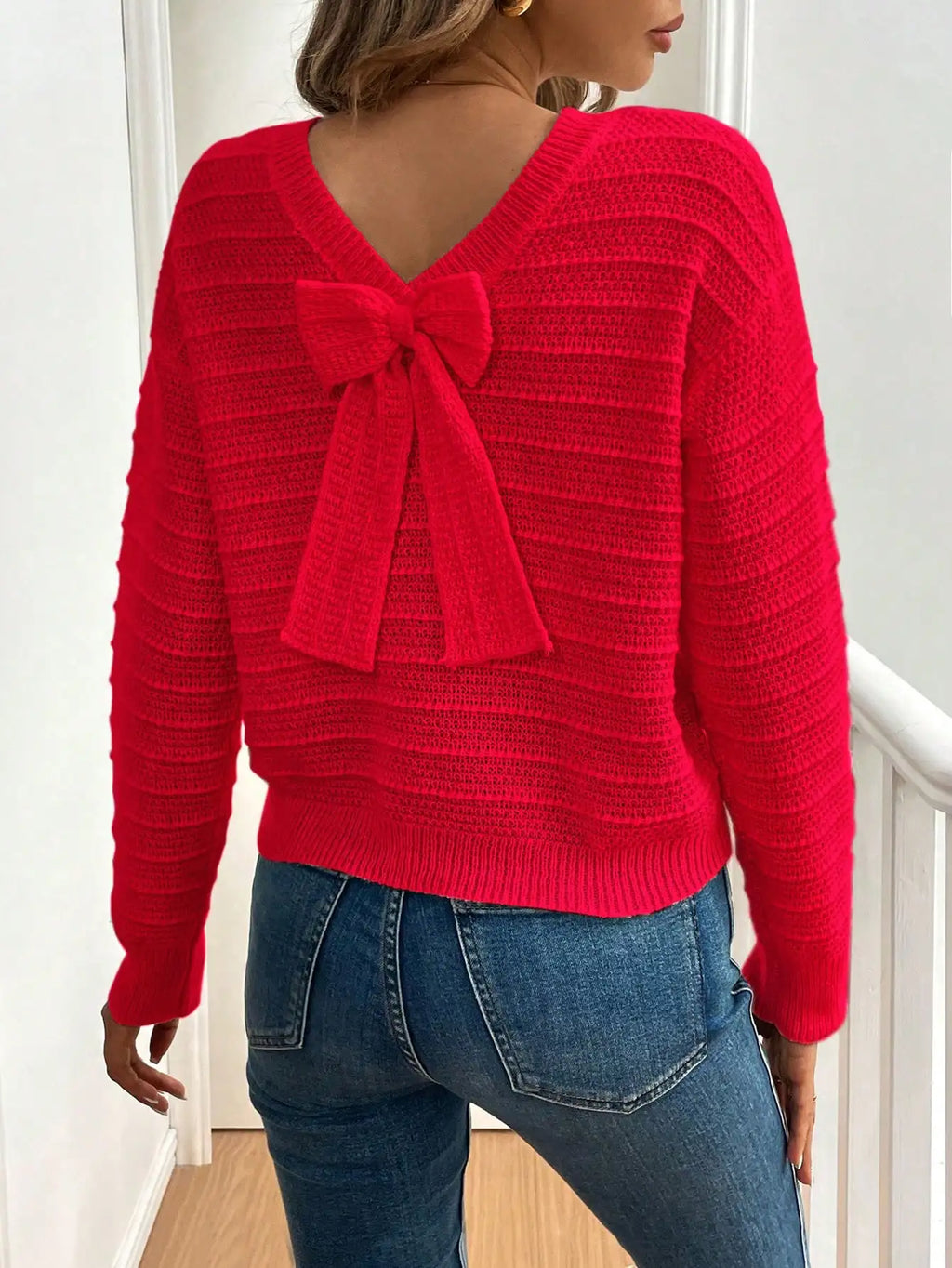 Ladies' casual elegant bow decoration shoulder sweater