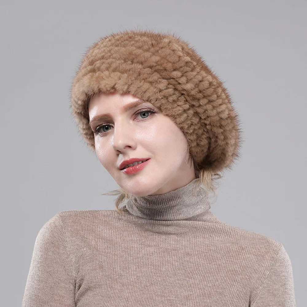 Real Mink Fur Berets Elegant Women's Winter Caps New Design Fashion Fur Hats Knitted Warm Natural Mink Fur Beanies Hat