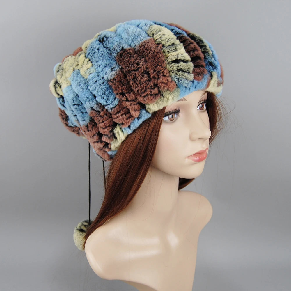 Winter Luxury Women Real Natural Rex Rabbit Fur Hats Fashion Lady Knitted Genuine Fur Caps Russian Outdoor Warm Fur Hats Beanies