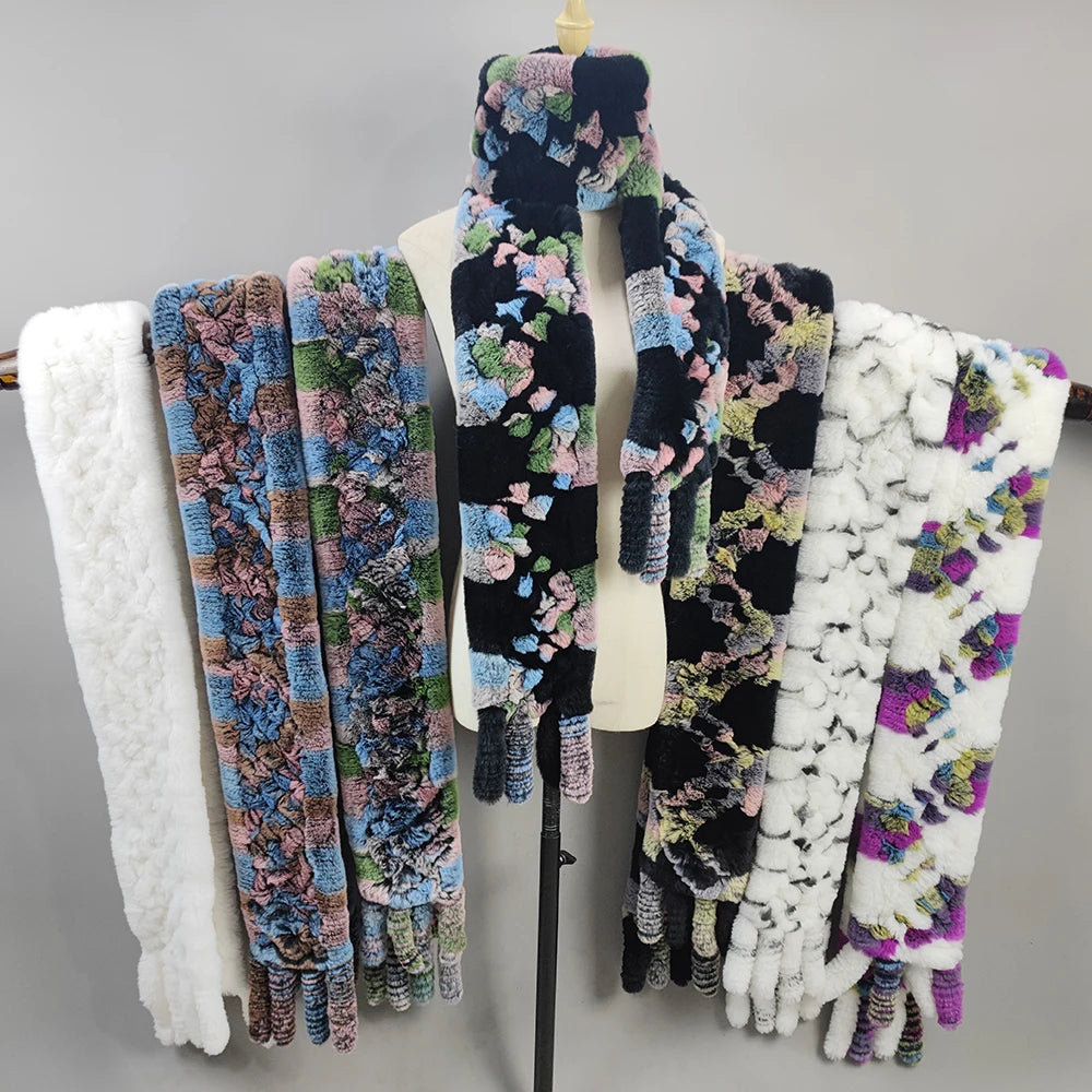 2025 Long Style Women Winter Real Rex Rabbit Fur Scarf Natural Rex Rabbit Fur Scarves Lady Knitted Rex Rabbit Fur Ring Scarves