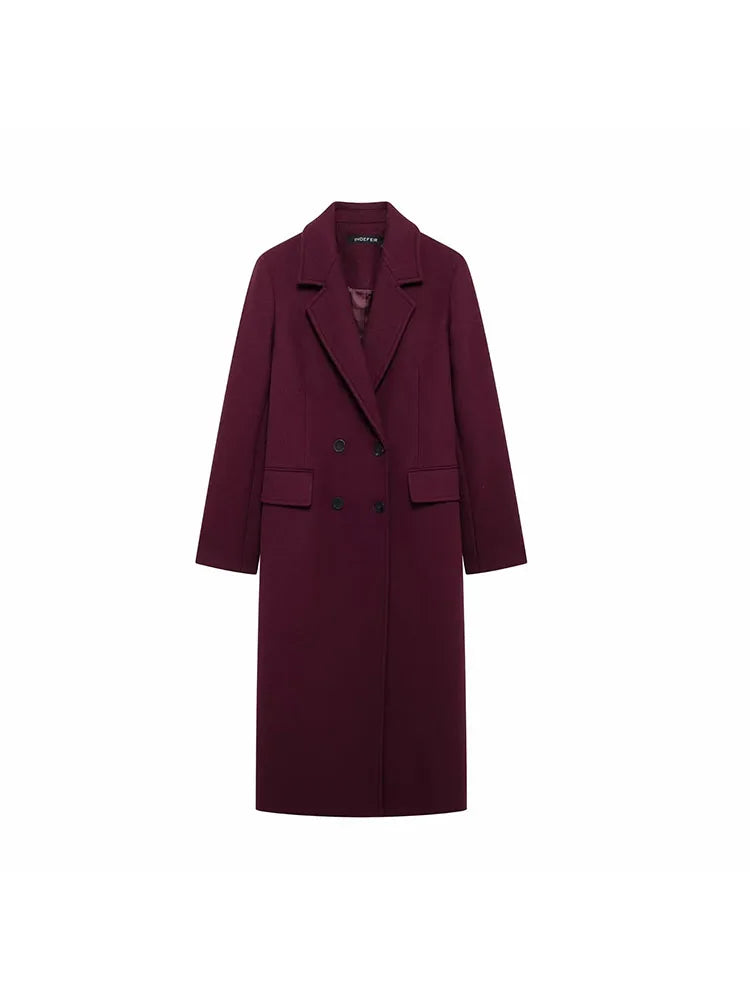 Women Autumn Burgundy Multicolour Wool Blended Overcoat for Women Fashion New Warm Double Breasted Lapel Long Coat Jacket