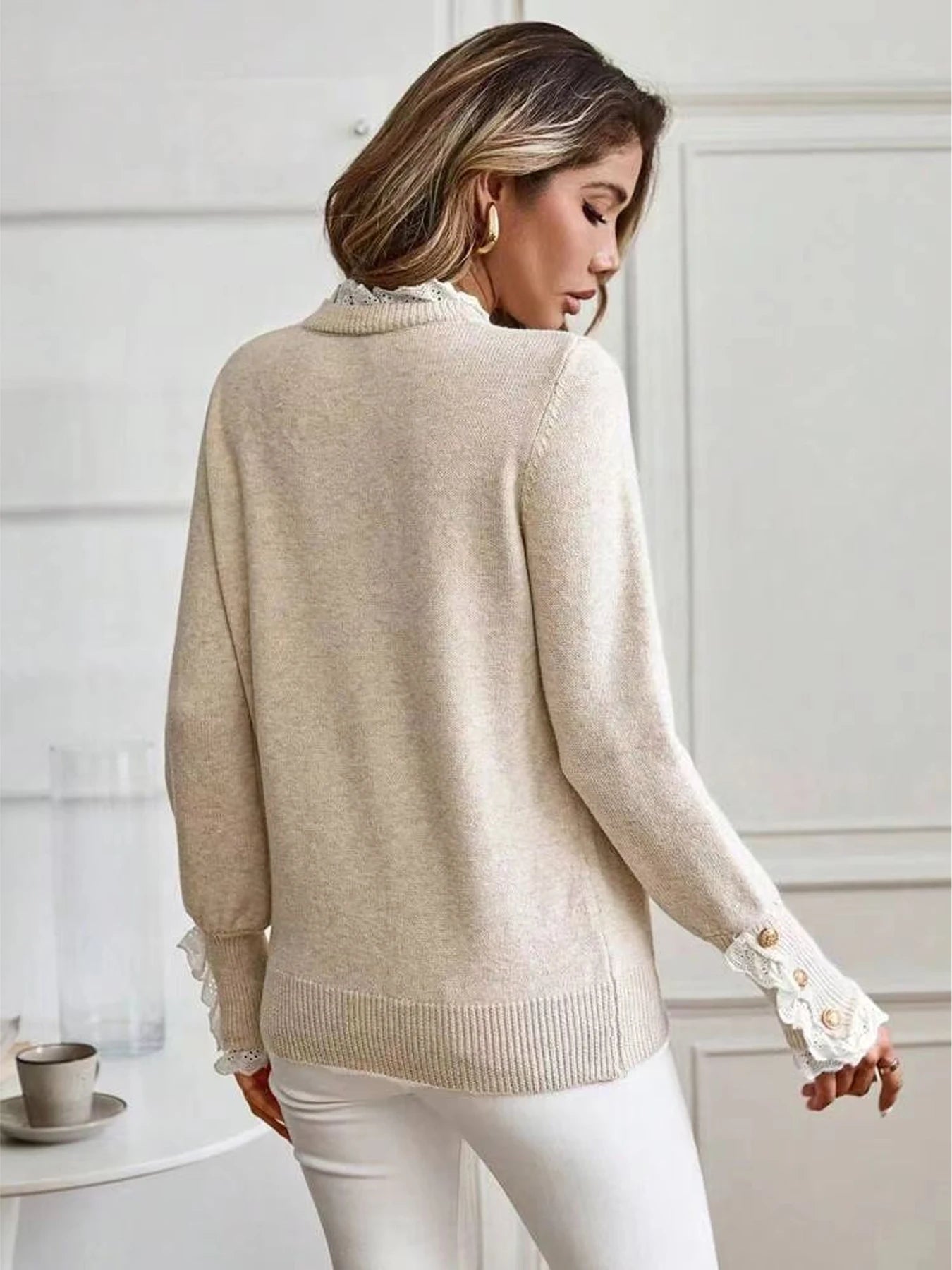 Autumn and winter women's lace decoration round neck long sleeved knitted sweater