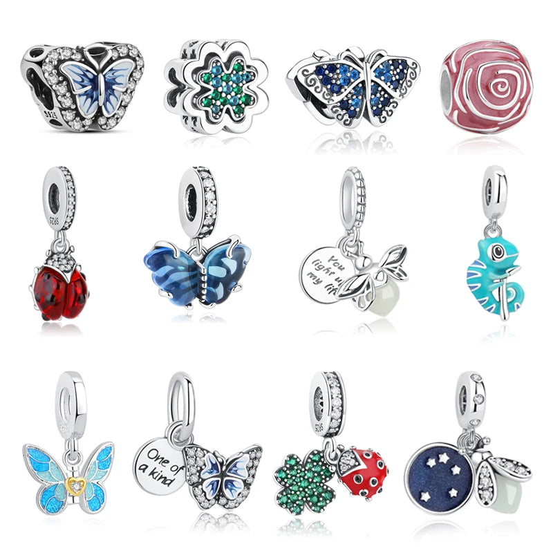 Original 925 Sterling Silver Charms Butterfly Firefly Lucky Clover Beads Fit Brand Bracelets Necklaces Diy Jewelry For Women