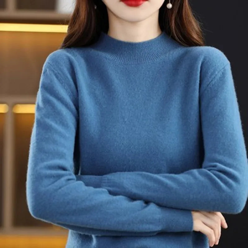 Half High Solid Color Cashmere Sweater For Women Loose Pullover Autumn and Winter Contracted Commuter Basic Knitwear Top Base