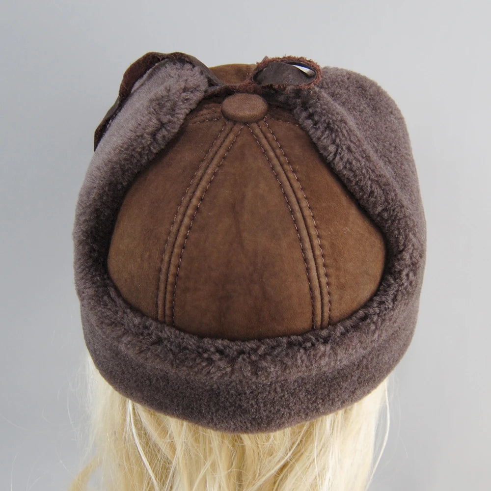 High Quality 2025 Winter Leather Hat Men Fur Lamb Wool Warm Thick Earflaps Bomber Hats Men's Baseball Cap Russian Hat