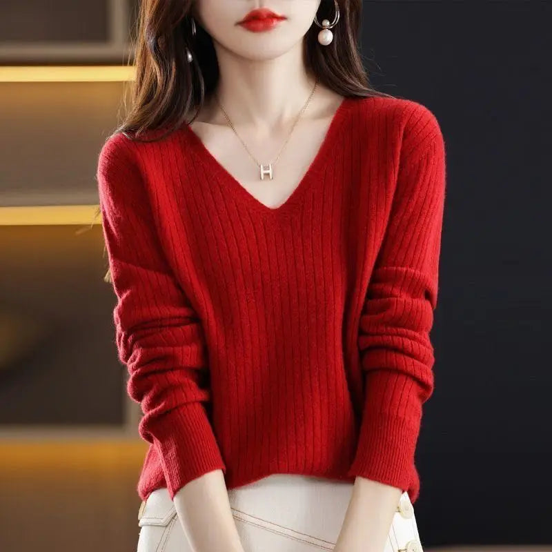 Chic Casual Autumn Winter Basic Sweater Pullovers Women V-neck Solid Knit Loose Pullover Female Long Sleeve Warm Khaki Sweater