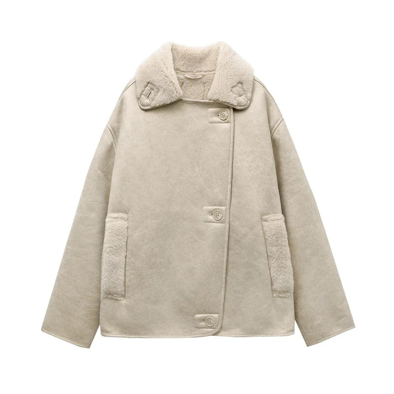 2025 Women's new thick jacket Vintage lapel leather jacket single breasted pocket street warm jacket