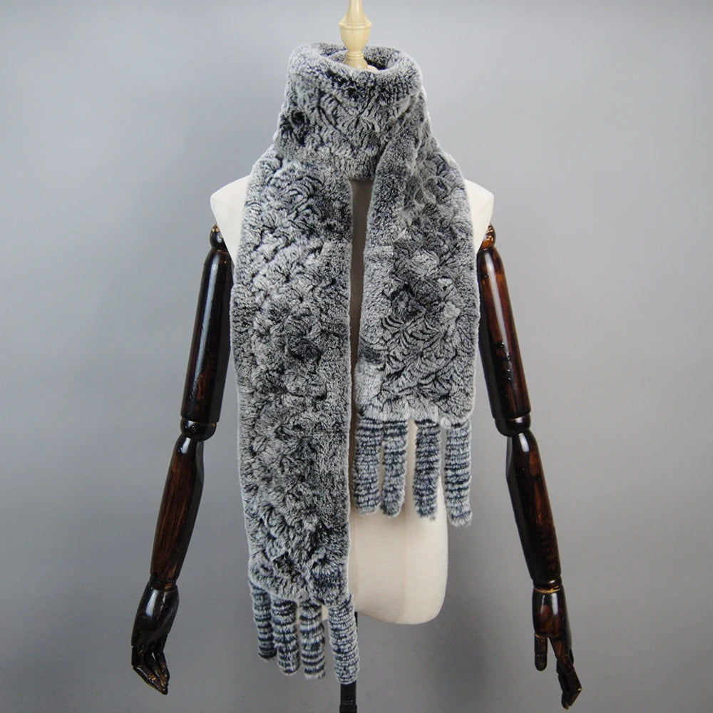 2025 Long Style Women Winter Real Rex Rabbit Fur Scarf Natural Rex Rabbit Fur Scarves Lady Knitted Rex Rabbit Fur Ring Scarves
