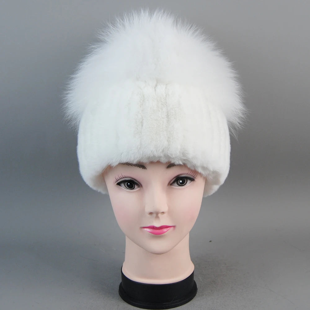 Female's Hat Good Elastic Natural Fluffy Real Fox Fur Hat New Winter Women Knitted Real Rex Rabbit Fur Hats Lady Real Fur Cap