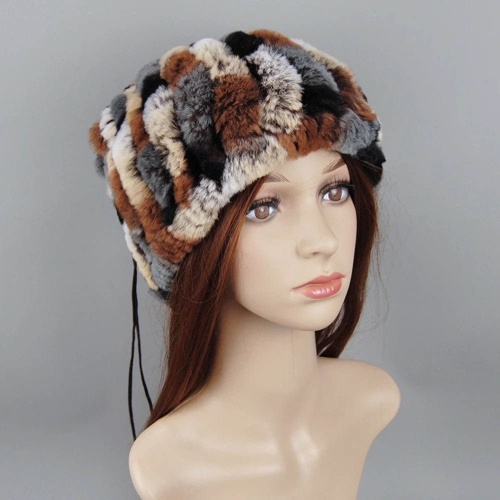 Winter Luxury Women Real Natural Rex Rabbit Fur Hats Fashion Lady Knitted Genuine Fur Caps Russian Outdoor Warm Fur Hats Beanies