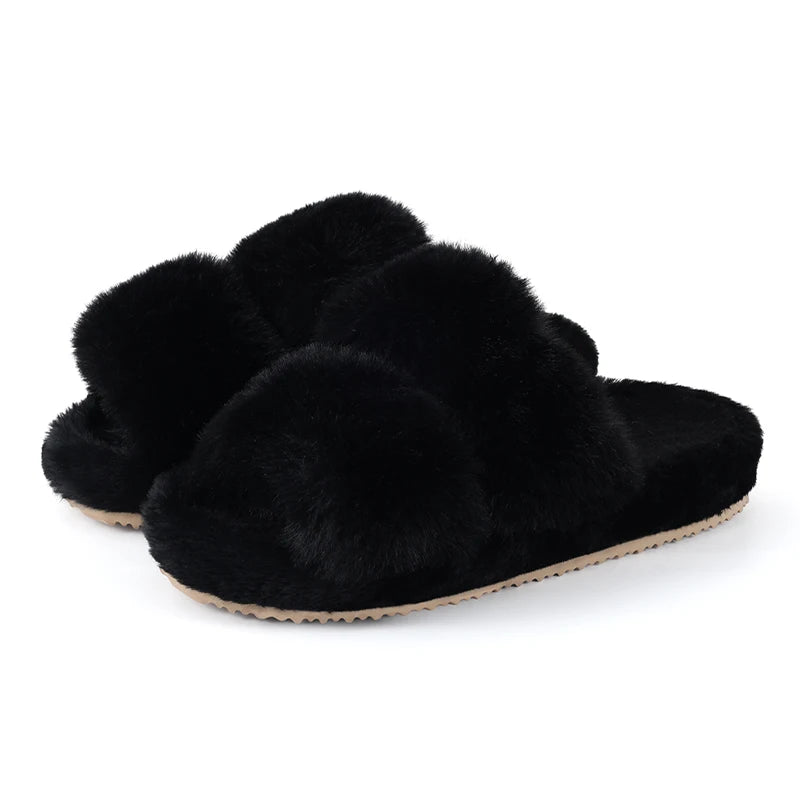 Evshine New Open Toe Fluffy Slippers Indoor Warm Fur Female Slides Fashion Plush Women House Shoes Women Winter Fuzzy Slippers