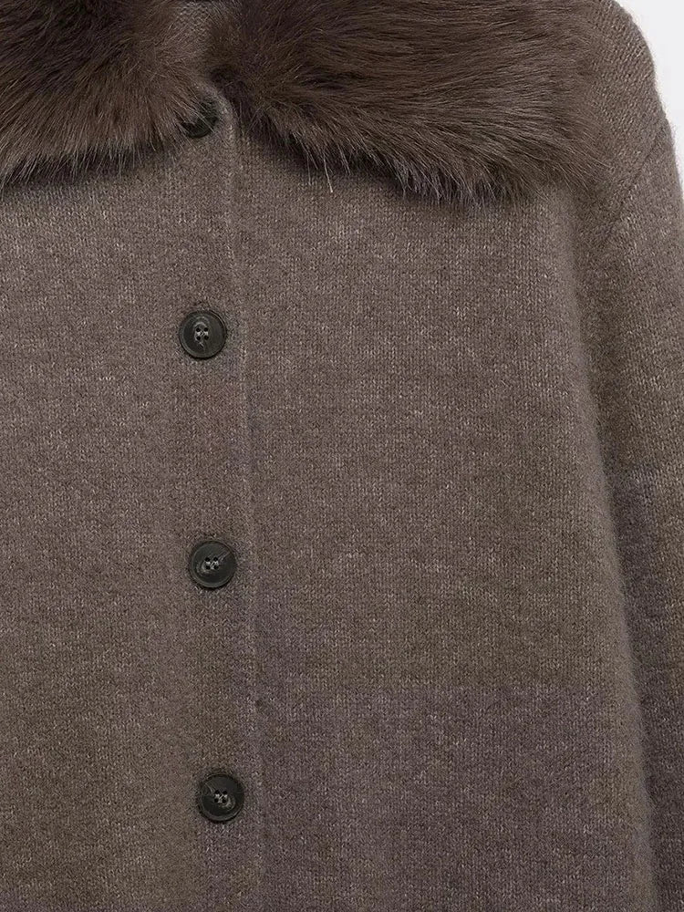 Women Autumn Winter Fashion Fall Vintage Patchwork Faux Fur Lapel Elegant Sweaters Single Breasted Knitwear Female Cardigans