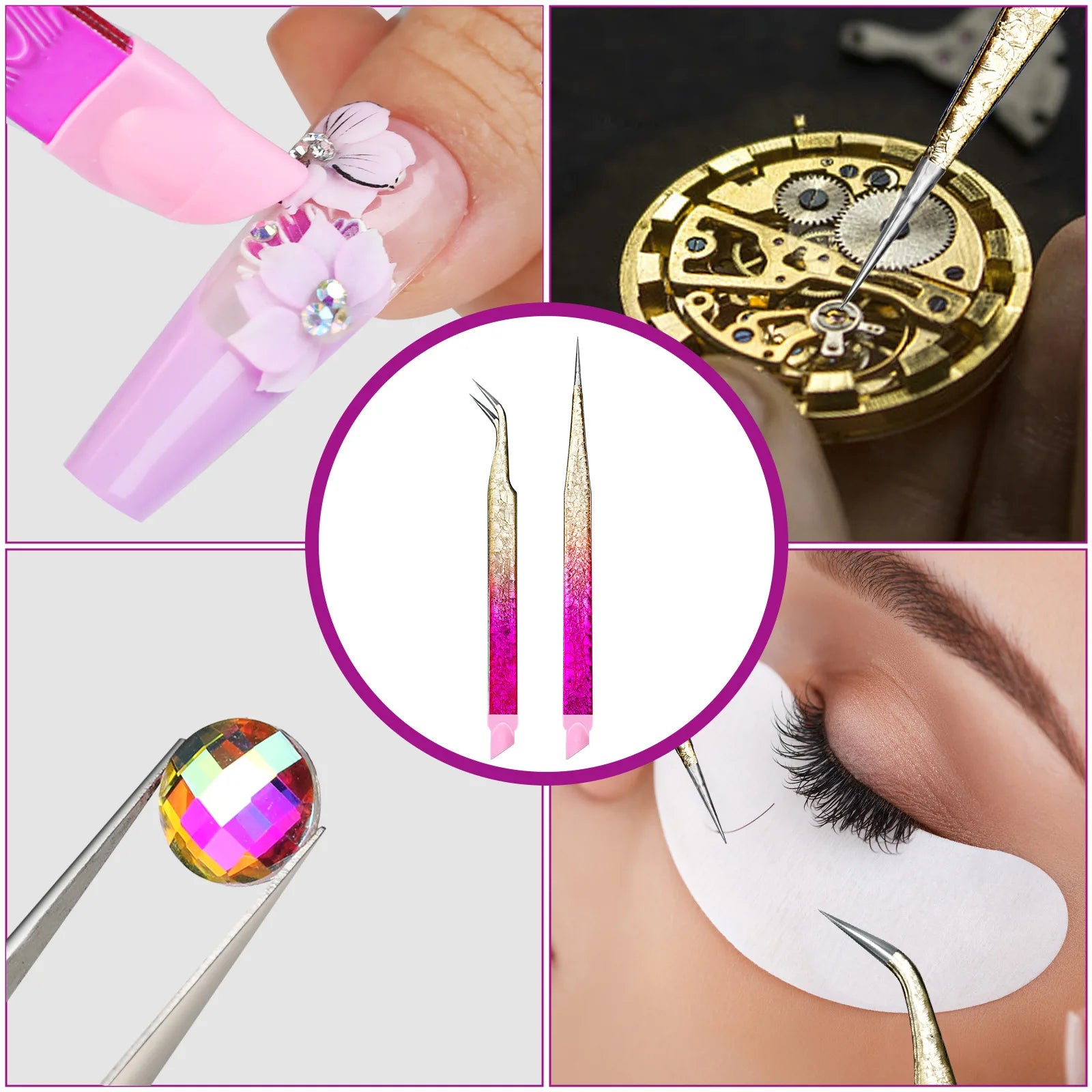 Multi-Purpose Eyelash Extension Tweezers – For False Eyelashes, Nail Stickers & Rhinestones, with Silicone Cushion Tip