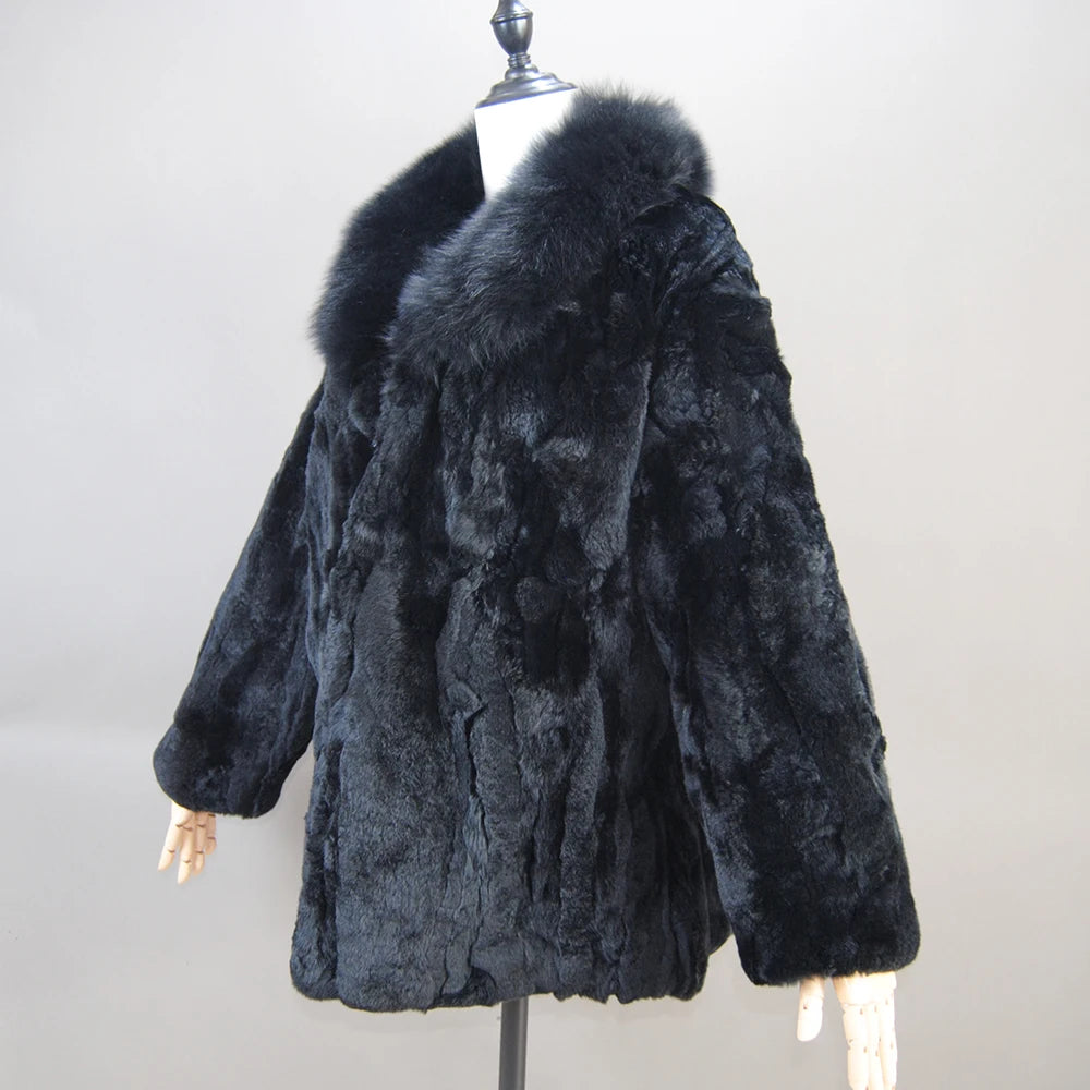 2025 Luxury Women Winter Thick Real Rex Rabbit Fur Coat Lady Warm Quality 100% Genuine Rex Rabbit Fur Jacket With Fox Fur Collar