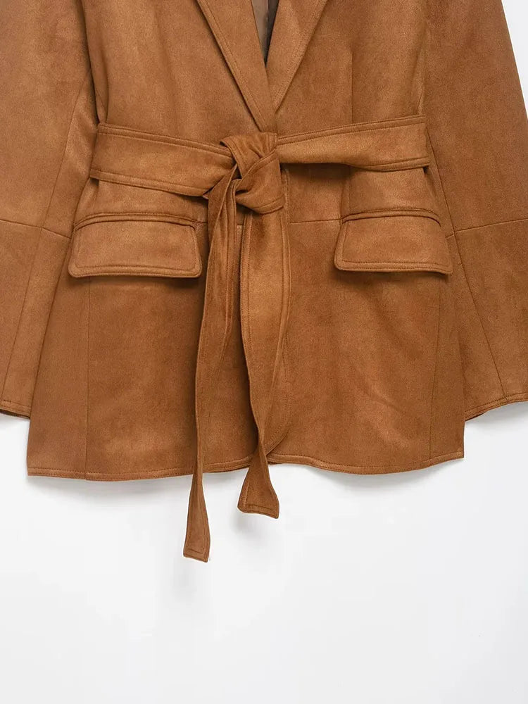 Women's Vintage Solid Elegant Blazer Suede Fashion 2025 Autumn Office Lady Sashes Chic Loose Chic Streetwear Mujer Outwear