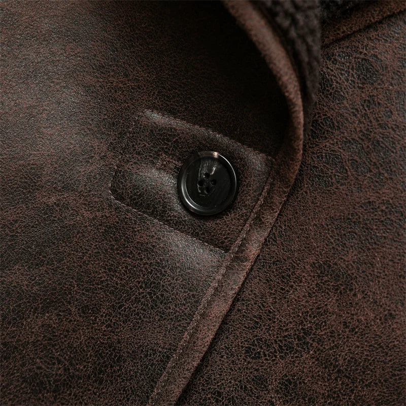 2025 Women's new thick jacket Vintage lapel leather jacket single breasted pocket street warm jacket