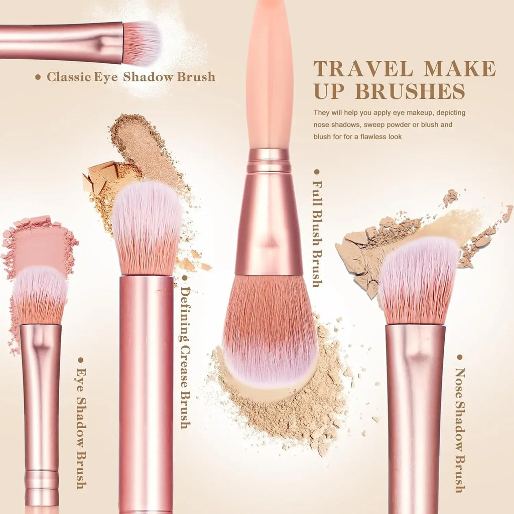 5-Piece Makeup Brush Set with Mirror, Travel Soft Bristle Loose Powder, Eyeshadow, and Blush Brush, Portable Makeup Brush Kit.