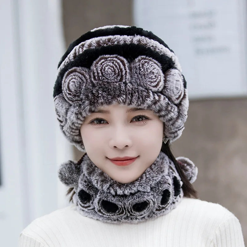 Hot Sale Women Warm Rex Rabbit Fur Hat Scarf Sets Winter Lady Knit Fur Hats Muffler 2 Pieces Natural Rex Rabbit Fur Cap Scarves