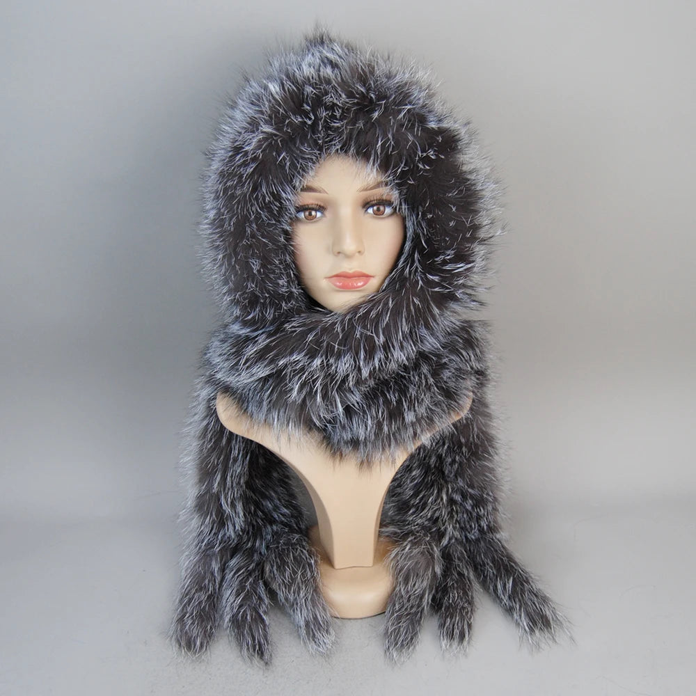 Luxury Knit Genuine Fur Caps Muffler Winter Thick Women 100% Natural Fox Fur Hat Scarves Lady Warm Fluffy Real Fox Fur Hat Scarf