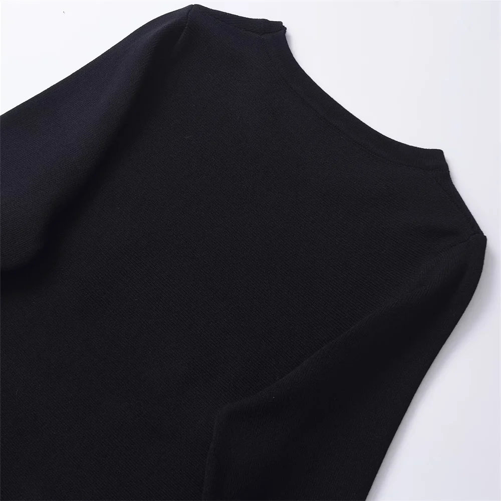 women's solid color button decoration wide pleated knitted short skirt autumn new product round neck long sleeved dress