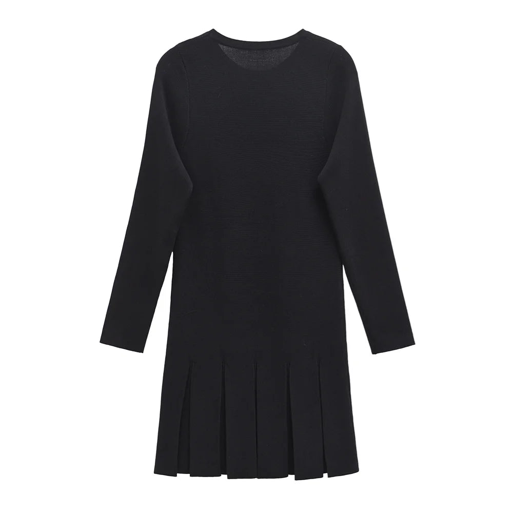 women's solid color button decoration wide pleated knitted short skirt autumn new product round neck long sleeved dress