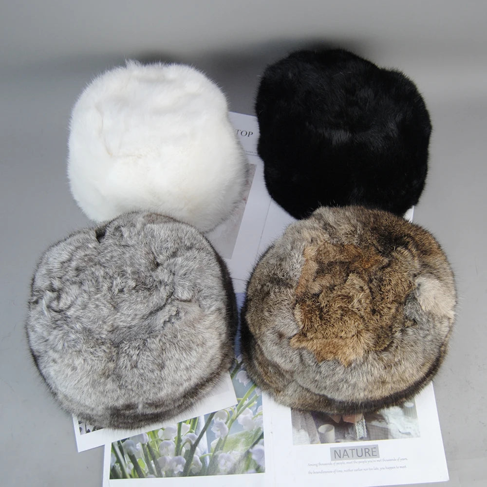 New Style Fashion Rabbit Fur Cap Unisex Winter Genuine 100% Fur Bomber Hat Windproof Warm Earmuff Flat Outdoor Warm Russian Hat